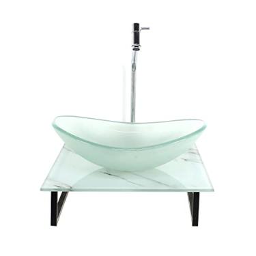 Imagem de KIT CUBA DE VIDRO OVAL 10MM JATEADA COM TAMPO DE VIDRO 40CM X 40CM MÁRMORE BRANCO E SUPORTE TORNEIRA VALVULA