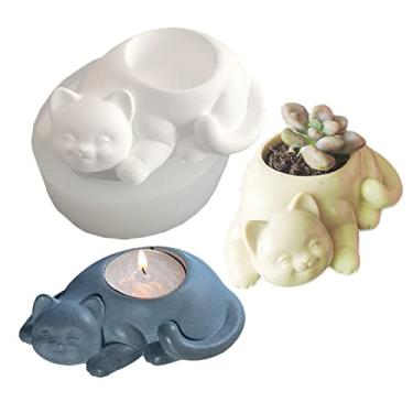 Imagem de Molde de vaso de flores de silicone para gato castiçal de concreto de silicone para castiçal molde de argila para suculentas