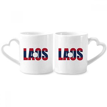Imagem de Conjunto de canecas de porcelana para casais com nome da bandeira do país do Laos e coração