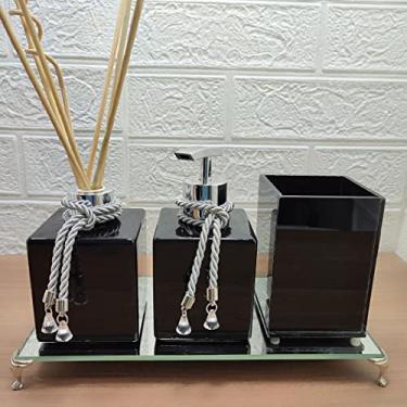 Imagem de Jogo Para Banheiro Kit Para Lavabo Porta Sabonete Líquido Difusor Com Bandeja Espelhada Porta Escova Pincel-Preto e Prata-Luiggi Presentes®