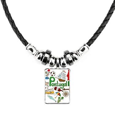 Imagem de DIYthinker Colar de Portugal Love Heart Landscap Bandeira Nacional Joia Torque Pingente de Corda de Couro