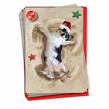 Imagem de Holiday Sand Angels Dog – Caixa com 12 cartões comemorativos de Natal para cães de praia com envelopes (4,63 x 6,75 polegadas) – Cachorro fofo em chapéu de Papai Noel, Cartão de Natal para crianças – Conjunto de cartão de notas C6844FXSG-B12x1