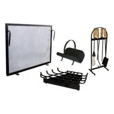 Imagem de Kit Lareira Tela 80x50 Plusmais Completo Grande Grelha Canto Acessorios Cabo de Madeira