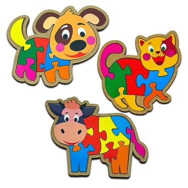 Imagem de Quebra Cabeça Infantil Animais Cachorro Vaca Gato Brinquedo Educativo Montessori