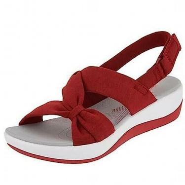 Imagem de Coerni Sandálias femininas de verão sapatos de praia respiráveis tamanho grande laço nó cunha sandálias de salto bege sandálias planas para, Vermelho, 8