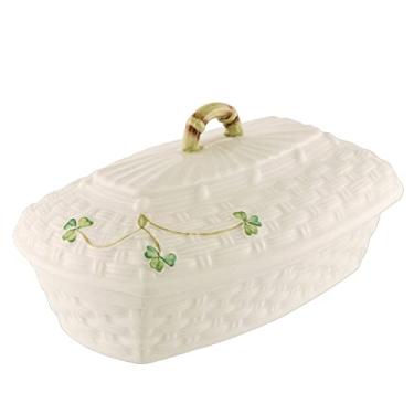 Imagem de Belleek Manteiga branca trevo com tampa - Suporte de manteiga feito à mão com padrão de trama de cesta fina Parian China, 9,9 cm x 17,8 cm