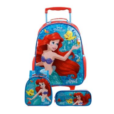 Imagem de Kit Mochila Rodinhas Lancheira Estojo Pequena Sereia Disney
