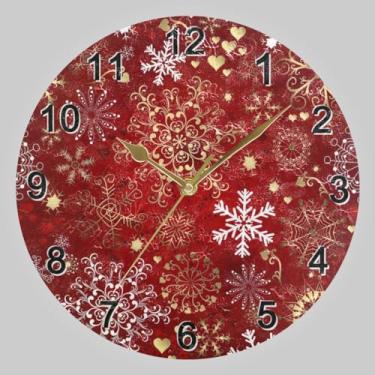 Imagem de CHIFIGNO Relógio redondo branco de Natal ouro vermelho 25,4 cm, relógio redondo decoração de parede bateria analógica relógios de parede para cozinha