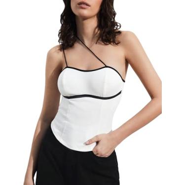 Imagem de SOLY HUX Cami feminina de um ombro só, camiseta de ajuste slim com contraste, Preto e branco, G