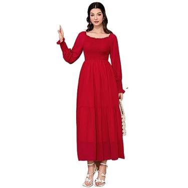 Imagem de Camisa Feminina Solid Flounce Sleeve Ruffle Hem A-line Dress (Color : Red, Size : XL)