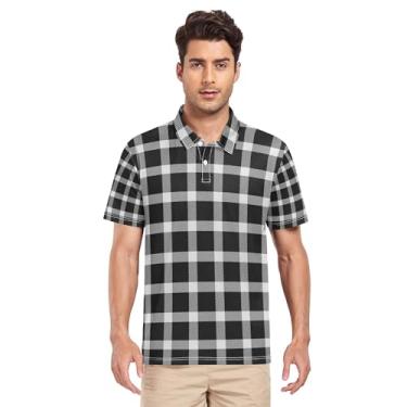 Imagem de JUNZAN Camisa polo masculina preta xadrez creme escocês manga curta camisa polo golfe para homens University P, Xadrez escocês tartan preto, XXG