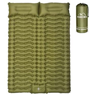 Imagem de Almofada de dormir para acampamento 2 pessoas, colchão duplo inflável com bomba embutida, compacto, ultraleve, durável, autoinflável, para mochilão, viagem, caminhada, barraca (verde, duplo)