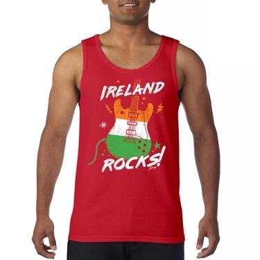 Imagem de Ireland Rocks Camiseta regata masculina com bandeira de guitarra Dia de São Patrício Shamrock Groove Vibe Pub Celtic Rock and Roll Clove, Vermelho, 3G