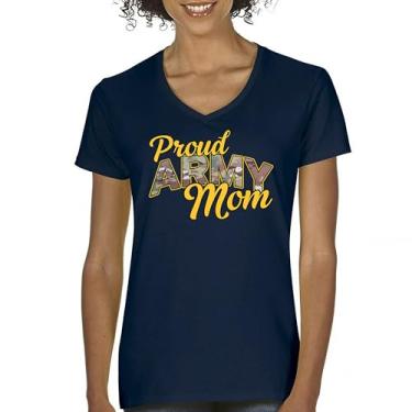 Imagem de Camiseta feminina com gola V Proud Army Mom US Military Family Pride Veteran Patriotic Armed Forces Mother's Day Licenciada, Azul marinho, M