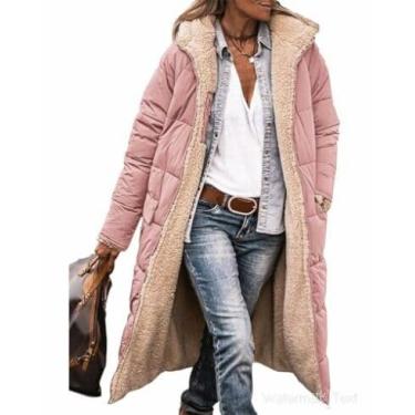 Imagem de Casaco acolchoado grosso e quente, jaqueta de manga comprida plus size feminina caminhada inverno moderno jaqueta com zíper macio fino sólido, Rosa pálido, G