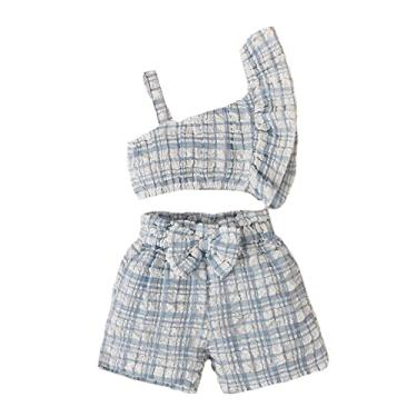 Imagem de Conjunto de 2 peças para bebês meninas, roupa de linho de verão, camiseta de ombro único + shorts com laço e estampa xadrez, Azul claro, 2-3 Anos