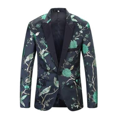 Imagem de Blazer masculino, estampa floral, com um botão, ajuste justo, casual, smoking, jaqueta anfitriã, Verde, Medium