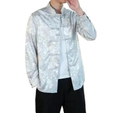 Imagem de Camisa de seda masculina de cetim lisa lisa camisa de smoking business chemise casual camisas chinesas, Prata, M