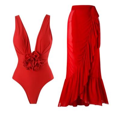 Imagem de OLEMEK Maiô feminino de 2 peças, maiô de praia com estampa floral, biquíni tropical com saia envolvente, Vermelho, P