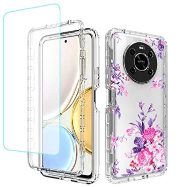 Imagem de sidande Capa para Honor X9 (4G/5G)/Honor X30/Honor Magic4 Lite com protetor de tela de vidro temperado, capa protetora fina de TPU floral transparente para celular para Huawei Honor X9 (flor rosa)