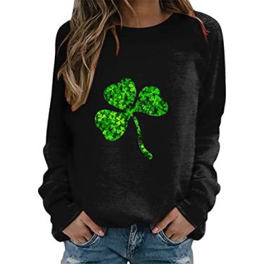 Imagem de Camiseta feminina St Patricks Day xadrez Shamrock verde St Patricks Top Lucky Irish Blessed pulôver roupas, Preto, P