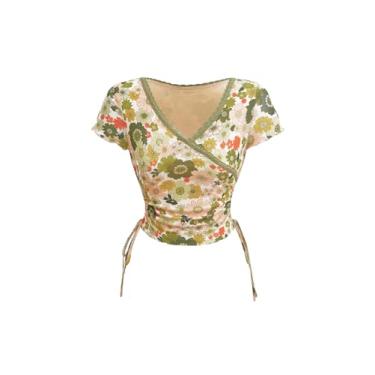 Imagem de Milumia Camiseta feminina boho floral de malha com acabamento em malha de manga curta franzida na frente, Verde, P