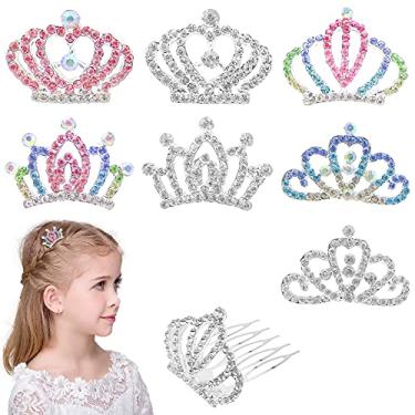 Imagem de 8 peças mini pente de cabelo com coroa de princesa de strass de cristal, tiara de strass brilhante para meninas, artigos de festa de aniversário de princesa, dectoração de cabelo, Large, Strass Strass