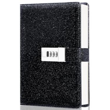 Imagem de CAGIE Diário com cadeado para mulheres, recarregável, diário masculino com 224 páginas, glitter preto, diário para meninas, adultos, 14 x 19 cm