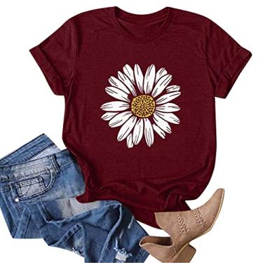 Imagem de Camisetas femininas com estampa de girassol, manga curta, gola redonda, casual, solta, túnica com estampa floral, Vinho, M