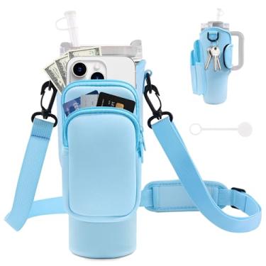 Imagem de Bolsa de Transporte de Garrafa de Água JEBEALUO, com Bolso para Celular, Acessório para Copo Stanley de 1.200/900 ml, Alça Ajustável, Tampa de Canudo, Azul