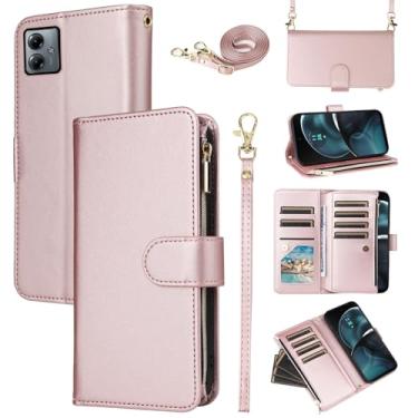 Imagem de Furill Capa carteira para Motorola Moto G14 com alça de pulso removível, alça de ombro transversal, bolsa flip com zíper, 11+ compartimentos para cartões, protetor de suporte, acessórios, capa de