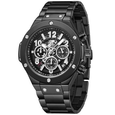 Imagem de SENSETONE Relógios masculinos quartzo cronógrafo aço inoxidável moda negócios esporte relógio de pulso 30 m à prova d'água grande mostrador elegante presente para homens calendário luminoso - preto,