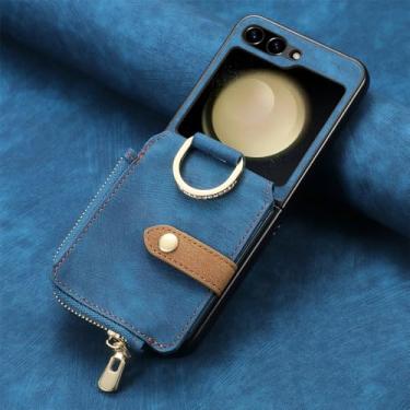 Imagem de Cartões com zíper bolsa anel titular capa carteira de couro vintage para Samsung Galaxy Z Flip 5 4 5G Flip4 Flip5 Bolsa Capa de suporte, azul, para Samsung Z Flip 4