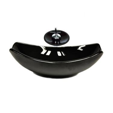 Imagem de Cuba de Vidro Oval Chanfrada 51cm + Valvula + Torneira Cascata Preto