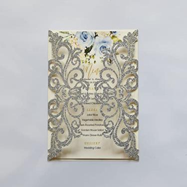 Imagem de 25 cartões de convites de casamento com glitter prateado com recortes a laser com envelopes, folhas internas em branco, fitas para chá de noiva, convites de quinze anos, noivado, aniversário
