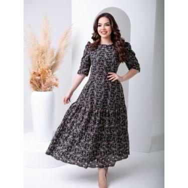 Imagem de Vestido Longo Social Malha Lese Algodão com Manga 3/4 - Fashion, Preto