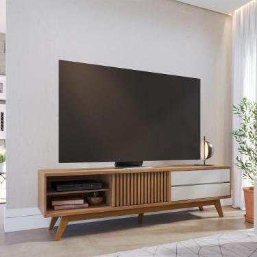 Imagem de Bancada TV Sala de Estar Genebra portas ripadas duas gavetas pés em ma