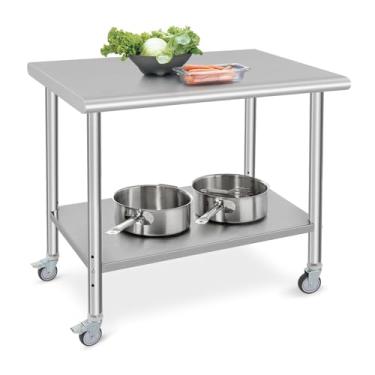 Imagem de GAOMON Mesa de preparação de aço inoxidável 91 x 61 cm, NSF Mesa de cozinha comercial resistente com 4 rodas e prateleira inferior, mesa de cozinha ao ar livre, sala de jantar, garagem, lavanderia,