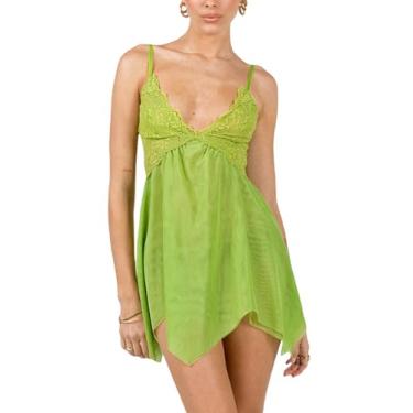 Imagem de Yiulangde Vestido feminino verde de fantasia de fada Sininho sexy para cosplay, vestido de fantasia de renda Y2k com alças finas, lingerie minivestido, Verde, P