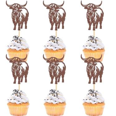 Imagem de Ercadio Pacote com 24 topos de cupcake de vaca Highland Brown Glitter Animais de fazenda Brown Highland Cattle Cake Picks Gênero Revelar Tema Chá de Bebê Crianças Meninos Meninas Festa de Aniversário
