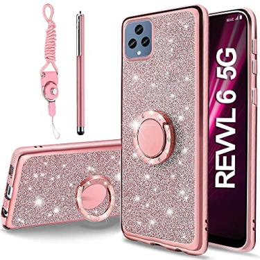 Imagem de B-wishy Para Revvl 6 5G /T-Mobile T Phone 5G Glitter Cristal Borboleta Coração Floral Fino TPU Luxo Bling Linda Capa Protetora com Suporte + Alça para Revvl 6 5G (Rosa)