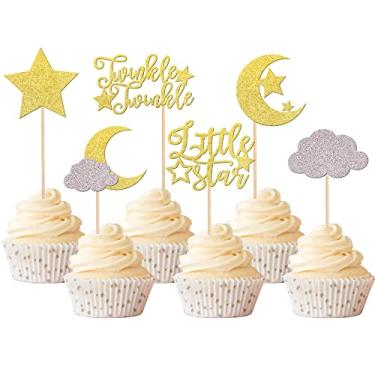 Imagem de Rsstarxi 36 Pack Little Star Cupcake Toppers Glitter Moon Cloud Cupcake Picks for TwinkleTwinkle Star Baby Shower kids Birthday Wedding Party Cake Decorations Supplies Gold