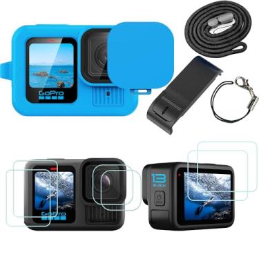 Imagem de PCTC Capa de silicone para Go Pro Hero 13 preta, pacote com 6 protetores de tela para Hero 13, capa lateral de bateria, tampa de lente e cordão, kit de acessórios apenas para GoPro Hero 13 (azul)