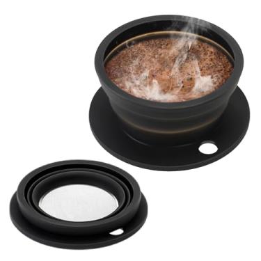 Imagem de DOFQQG Gotejador de café dobrável sem papel, máquina de café para acampamento com filtro de metal reutilizável, filtro de café dobrável de silicone, coador de café de xícara única, preto