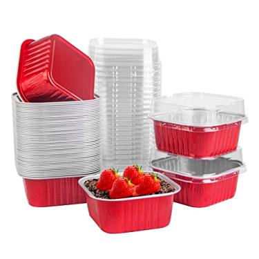 Imagem de Zycozzn 50 peças de mini formas de bolo quadradas com tampas, formas de bolo de alumínio de 147 ml com tampas, formas de bolo descartáveis de ramekins, copos de sobremesa de 150 ml para festa de aniversário de casamento, vermelho