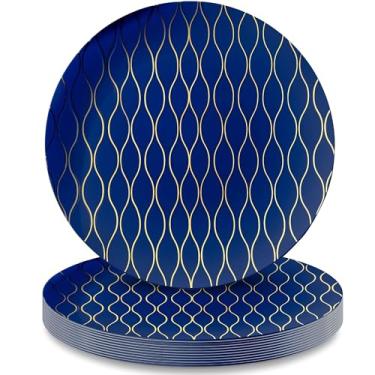 Imagem de Pratos de salada de plástico redondos de ouro azul premium - 19 cm (pacote com 10) | Conjunto de louça luxuoso para festas e eventos