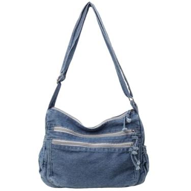 Imagem de GOQUFOY Bolsas jeans para mulheres, bolsa transversal de lona, bolsa de ombro, bolsa de ombro com bolsos, casual, leve, Azul claro