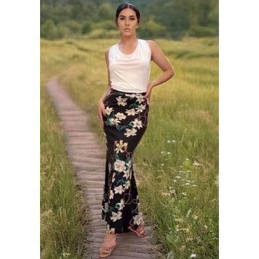 Imagem de Saia Longa Malha Sereia Estampa Preto Floral - Amazonia Vital