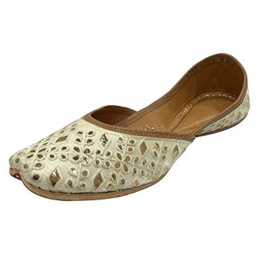 Imagem de Sapatilhas Punjabi Jutti para mulheres, sandálias boêmia creme jooti tradicional, sapatos étnicos indianos com contas, crean, Creme, 36