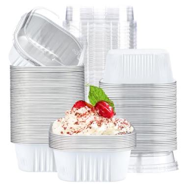 Imagem de EUSOAR Ramequins descartáveis com tampas, 283 g 100 peças de copos de folha de alumínio, copos de creme brulee, copos de muffin para assar, formas quadradas de cupcake, recipientes de pão mini bolo